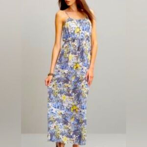 Banana Republic 100% Silk Blue Floral Parisian Maxi Sun Dress Stretch Waist, S